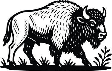 Obraz premium Black and white linocut European bison illustration ideal for rustic branding strong packaging presence and heritage label design