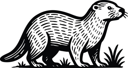 Black and white linocut otter illustration featuring detailed fur texture ideal for eco packaging wildlife branding and label design
