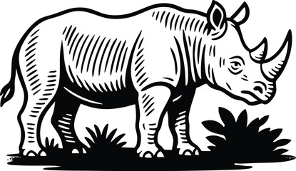 Black and white linocut rhinoceros illustration with textured detailing suited for safari branding strong packaging and heritage labels