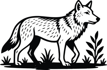 Bold linocut wolf profile in striking monochrome style suitable for outdoor branding strong packaging identity and rugged label artwork