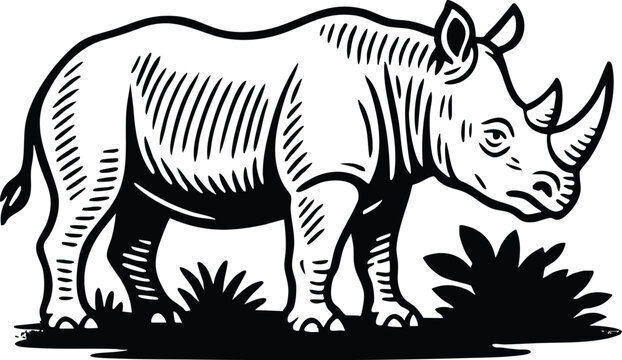 Black and white linocut rhinoceros illustration with textured detailing suited for safari branding strong packaging and heritage labels