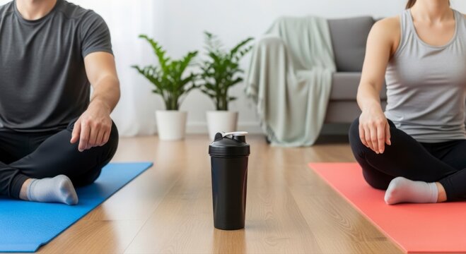 Fit couple in sportswear practicing yoga and meditating together on mats in a bright living room