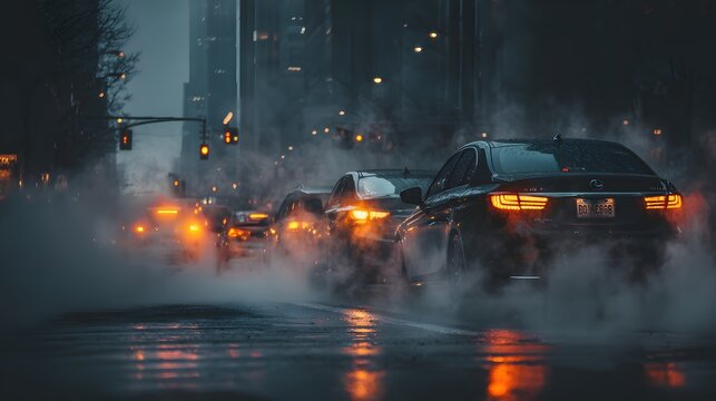 Cars driving on a wet road in the rain at dusk, with brake lights glowing and water splashing.