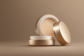 Two elegant golden cosmetic jars one open revealing a beige powder inside on a soft neutral background for beauty product display