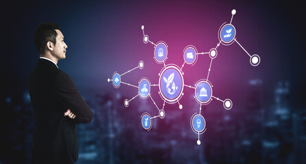 A businessman stands thoughtfully before a digital interface representing connectivity and data flow in a modern urban setting, capturing innovation and strategy. Tessel