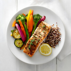 Grilled Salmon Fillet Served with Roasted Vegetables, Quinoa, and Fresh Lemon 