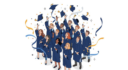 Celebrating graduation with friends and tossing caps in the air, a vibrant moment of academic achievement and future success with colorful confetti