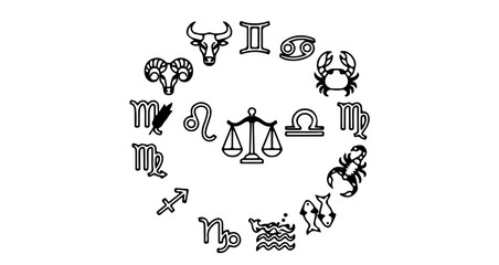 Zodiac signs circle with astrological symbols and horoscope icons, isolated on