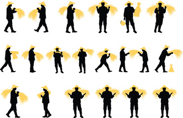 Silhouette of Asian farmer carrying harvested rice bundle, traditional agriculture worker in conical hat, rural farming vector illustration design