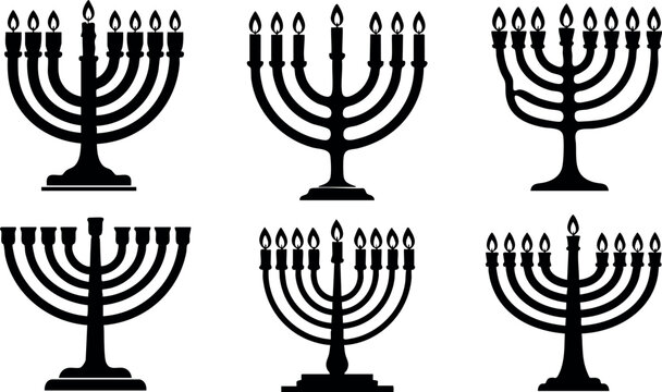 Set of six hanukkah menorah icons with candles vector illustration black silhouette symbols