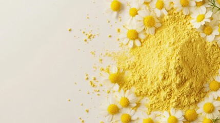 Yellow powder and chamomile flowers beauty and wellness product image