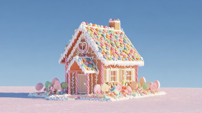 a gingerbread house with candy and candy canes on a table with a blue background and a blue sky generative ai 2026