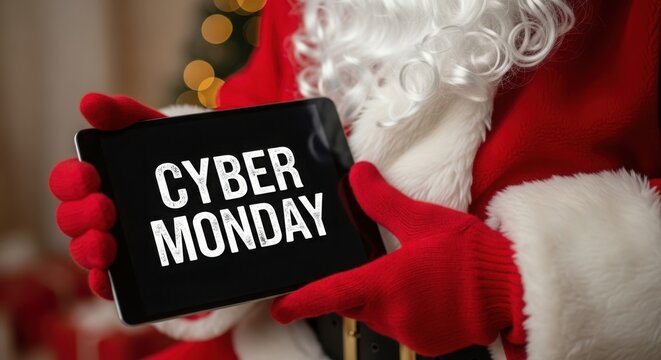 Santa claus holding a sign that says cyber monday