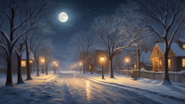 Peaceful Winter Night Street with Full Moon and Warm Glowing Lamps - Powered by Adobe