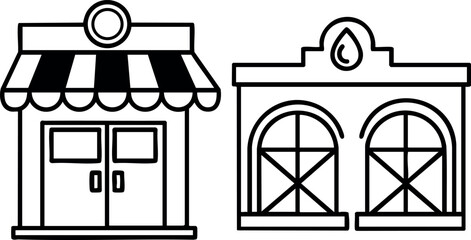 Shop storefront vector illustration with striped awning and bakery window design black and white line art
