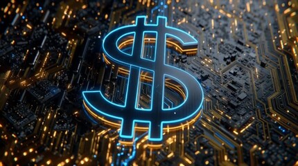 Futuristic macro circuit board animation with a glowing blue dollar sign rising, representing fintech and digital currency. - Powered by Adobe
