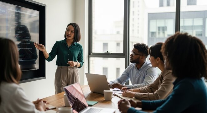 A professional Asian woman leads a presentation for a diverse team of colleagues, pointing to a large screen with programming code during a meeting in a modern office