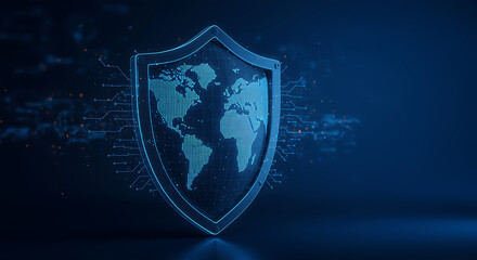 Global cybersecurity concept a glowing shield with a world map and fingerprint, symbolizing data protection and digital security in a connected world, rendered in a futuristic style
