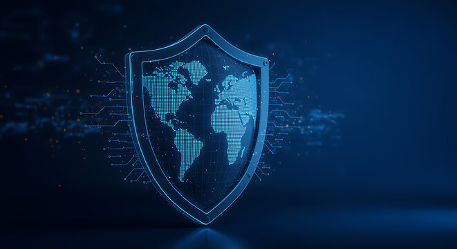 Global cybersecurity concept a glowing shield with a world map and fingerprint, symbolizing data protection and digital security in a connected world, rendered in a futuristic style - Powered by Adobe