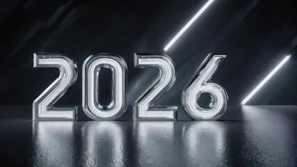 Shiny chrome "2026" numbers with glowing interior, set against a dark, textured background