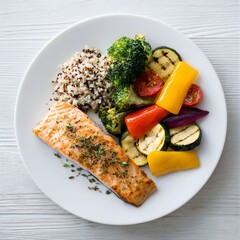 Healthy Dinner Plate: Balanced Meal of Fish, Quinoa, and Colorful Vegetables 