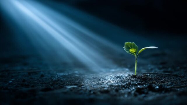 A tiny sprout rises from dark soil as a pale blue beam bathes it in hopeful light, promising growth