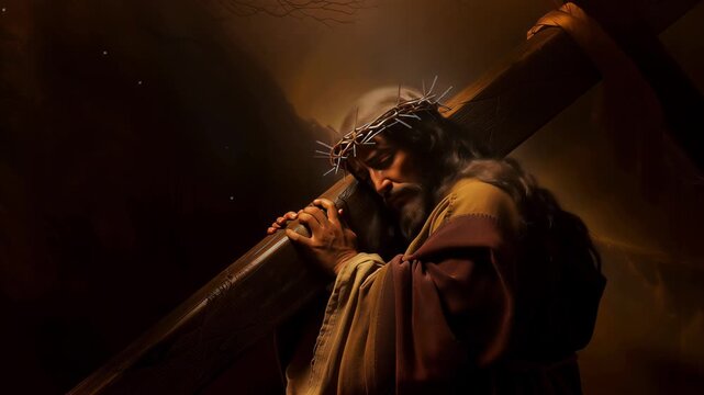 Dramatic digital rendering of Jesus Christ carrying the cross on the way to Calvary, wearing a crown of thorns. Video.
