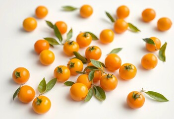 Small, vibrant kumquats scattered on a pristine white surface, simple, vitamin c
