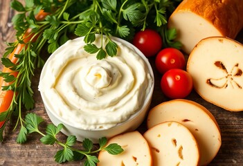 Soft, creamy fresh cheese spread with vibrant herbs, herbs, fromage frais