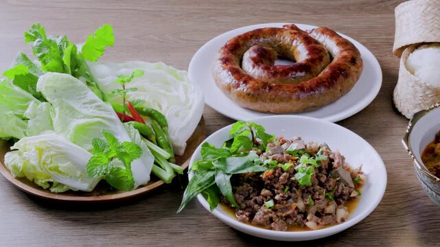 Northern Thai food: Sai Ua, Laab Kua, Hang Lay Curry, Pork Rinds and Vegetables