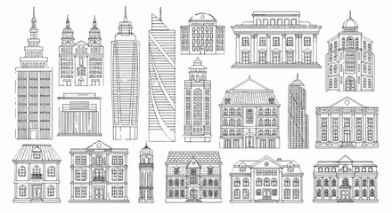 Obraz premium Collection of hand drawn buildings isolated on, architectural sketches of various structures
