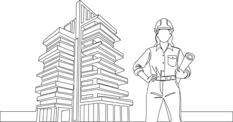 Continuous one-line art vector of a female engineer or architect with blueprints, standing confidently in front of a modern skyscraper, symbolizing construction and leadership