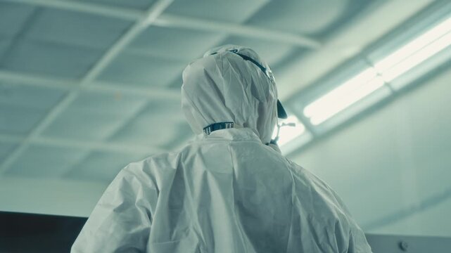 Painter in Full Protective Suit Under Workshop Lights