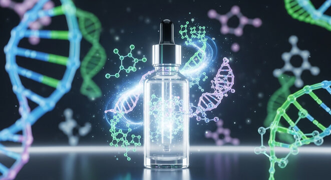 Breakthrough science serum with DNA helix and molecular structure for advanced skincare solutions and genetic research, offering youthful vitality