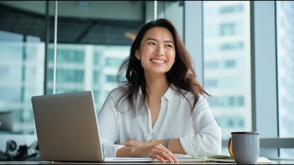 A thoughtful woman in a modern office gazes out the window while working on her laptop, reflecting on ideas and inspiration. - Powered by Adobe