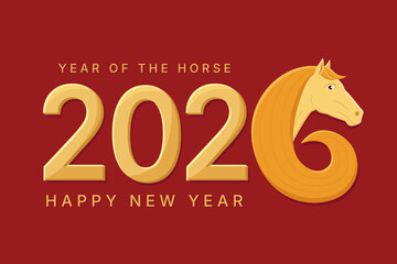New year background in red and gold tones with the symbol of 2026 a horse. Festive cute vector illustration. Horses head with mane on red background. Happy year of the horse