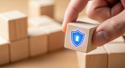 Hand places glowing shield security block, symbolizing foundational cybersecurity and robust data protection strategy. Building enhanced digital security, privacy, and safeguarding data