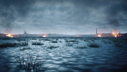 Obraz premium Bleak, post apocalyptic landscape of desolation after war. scene shows utter destruction and ruin with abandoned structures on fire. swamp reflects moody, dramatic sky