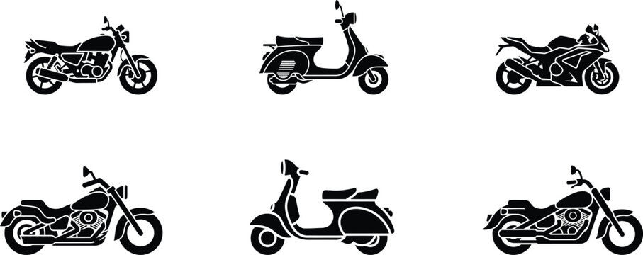 Collection of motorcycle and scooter silhouettes showcasing various styles and designs for transportation enthusiasts featuring classic and modern vehicles isolated on a clean white background