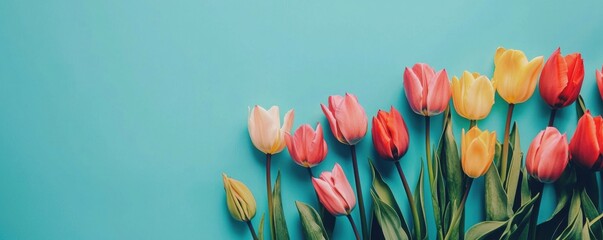 Banner with vibrant tulips showcasing a variety of colors on blue background with copy space