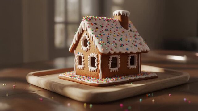 Decorated Gingerbread House with Colorful Sprinkles on a Wooden Tray cookie baking