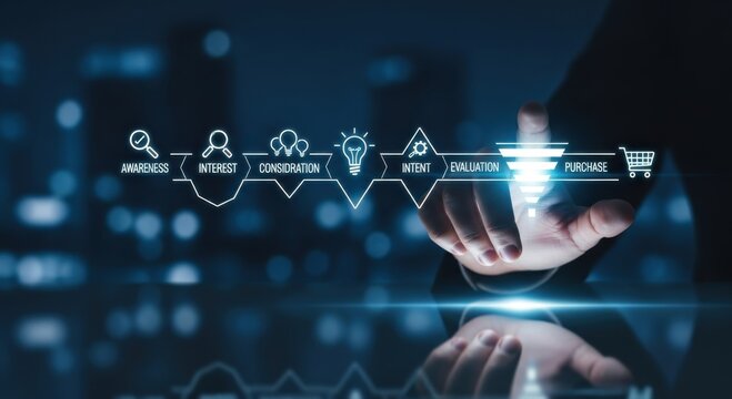 Businessman analyzing the digital customer conversion pathway from awareness to purchase