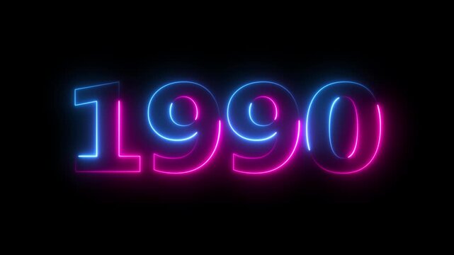 Glowing neon 1990 happy new year 1990 animated text new year on black background. Abstract 1990 neon text animation,