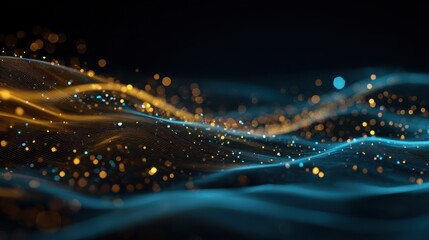 abstract blue and gold bokeh lights with glowing particles and wavy lines on a dark background 2026