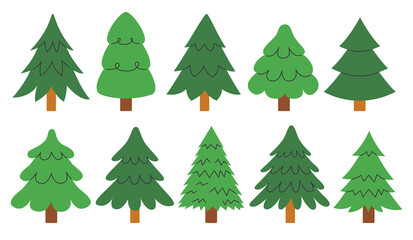 Set of Christmas trees in a flat cartoon style isolated on a background. New Year and Christmas illustrations.