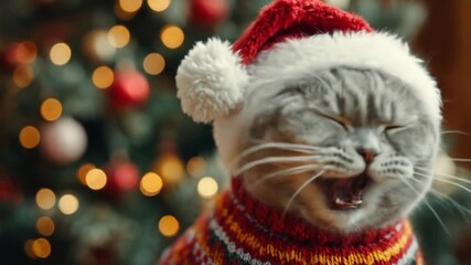 Festive cat wearing red Santa hat and striped sweater, mouth open amid twinkling Christmas lights!!! - Powered by Adobe
