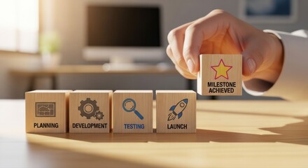 Hand placing the final block representing a successfully achieved milestone in a business project management timeline