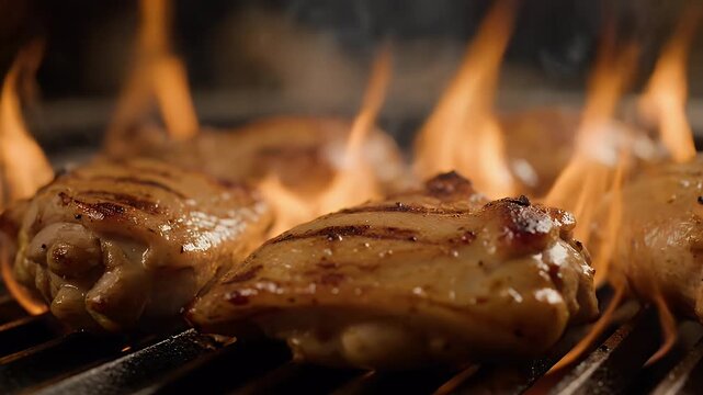 A close up of three pieces of chicken on a grill, with the flames from the grill creating a warm and inviting atmosphere. The chicken is cooked to perfection, with a crispy exterior and juicy interior