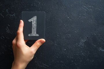 Hand holding a number one sign against dark background with copy space for celebration or marking an event