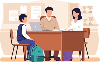 Mother Meeting Male Educator in a Classroom or School Principal's Office to Discuss Academic Performance